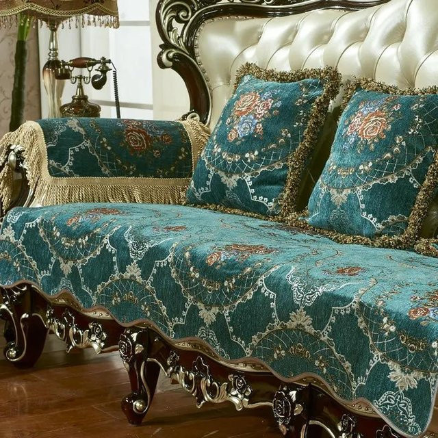 Grüner Jacquard-Sofabezug aus Chenille mit floralem Muster und Anti-Rutsch-Funktion, B/B/H: 90 x 90 cm - Bild 1