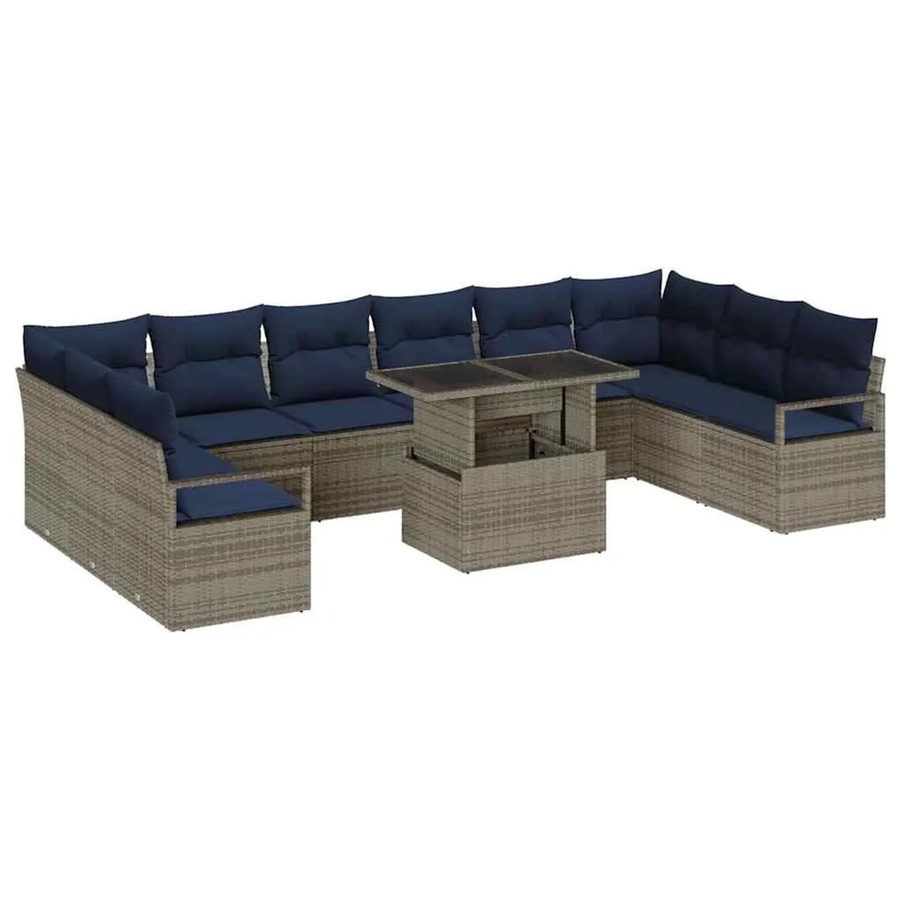 vidaXL Garten-Sofa-Set 11-tlg. in U-Form aus Poly-Rattan mit Polstern, Grau und Marineblau - Bild 2