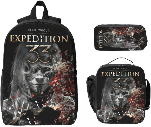 Expedition33 Clair Obscur 3er Set Schultaschen-Set für Kinder mit Rucksack, Federmäppchen und Brotdose in Schwarz - Bild 1