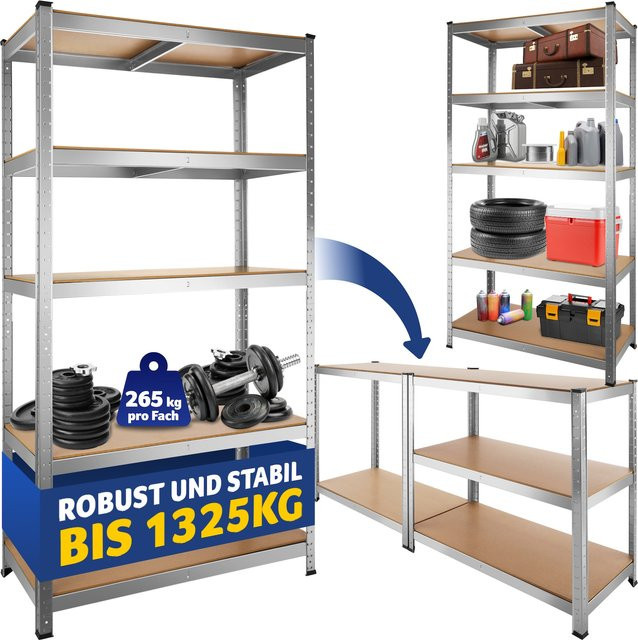 tectake Schwerlastregal mit verzinktem Stahlgestell und höhenverstellbaren MDF-Böden, Silber, H x B x T: 180 x 90 x 45 cm - Bild 1