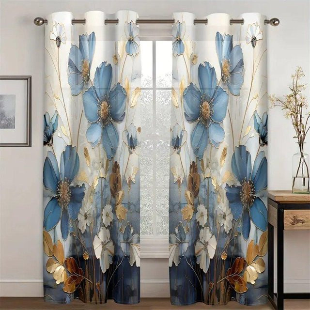2 Stück dekorative Vorhänge mit blauem Blumendruck im Ölgemälde-Stil aus Polyester, semi-transparent, B: 50 cm, H: 160 cm - Bild 1