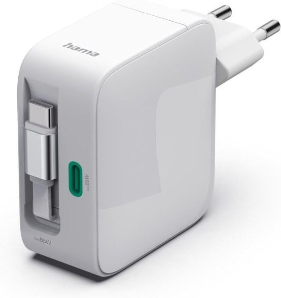Hama Schnellladegerät mit GaN-Technologie, 65 W, 2x USB-C und ausziehbarem Ladekabel, Weiß - Bild 1