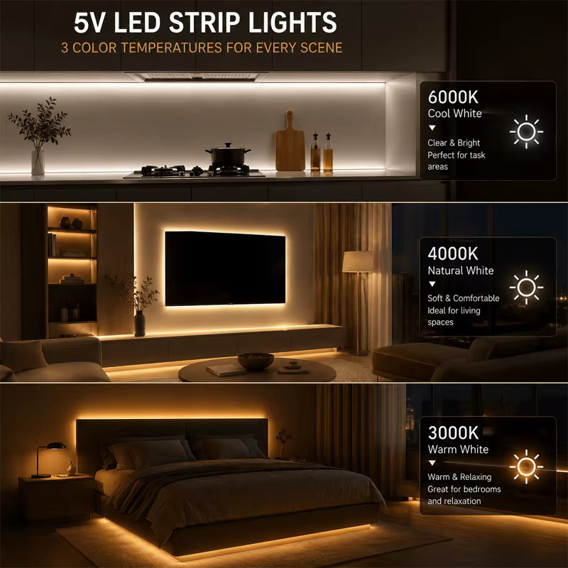 Dimmbarer 5V COB LED-Streifen in Weiß mit Touch-Steuerung und USB-Anschluss zur selbstklebenden DIY-Beleuchtung im Innenbereich - Bild 3