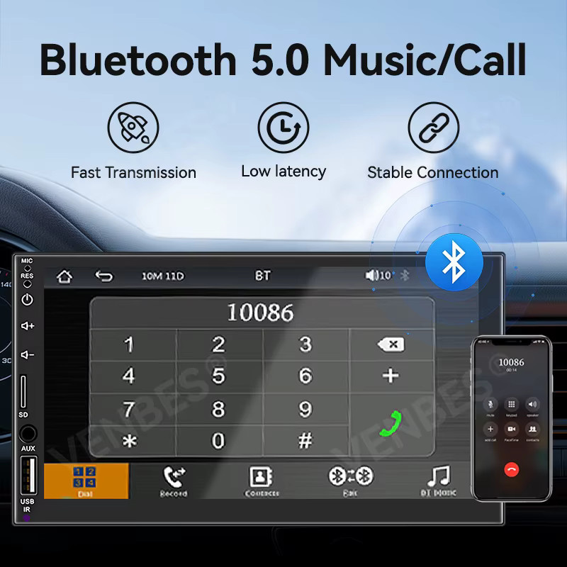 VENBES Autoradio mit 7 Zoll Touchscreen, 1 DIN In-Car Multimedia-Player mit Mirror Link, Bluetooth 5.0, USB und CVBS-Kamera in Schwarz - Bild 2