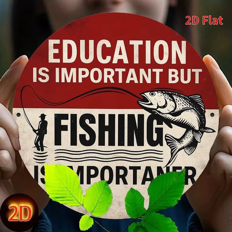 Potdemiel Metallschild im Vintage-Stil Education is Important But Fishing is Importanter, rund, Durchmesser: 19,81 cm, Rot und Weiß - Bild 4