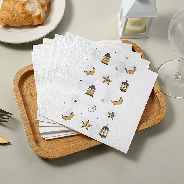 20 Stück Papierservietten mit Sternen und Mond in Weiß für Ramadan Iftar Dinner-Party Dekoration - Bild 1