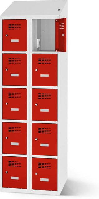 rotstahl Fächerschrank mit Ladefunktion und 10 Fächern, Farbe Rot, Korpus Lichtgrau, B x H: 80 x 200 cm - Bild 1