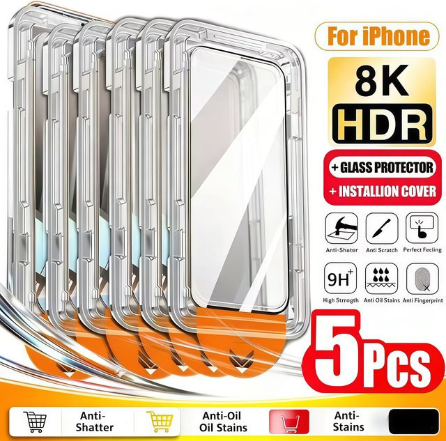 5 Stück PJPK Displayschutzfolie mit oleophober Beschichtung für iPhone 11 12 13 14 15 16 17 Pro Max XR XS Plus, transparent - Bild 1