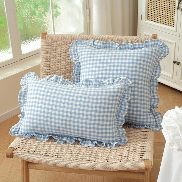 JMG Clothing Kissenbezug im französischen Stil mit Rüschenrand, Kariert, Blau, B/H: 30 x 50 cm - Bild 1