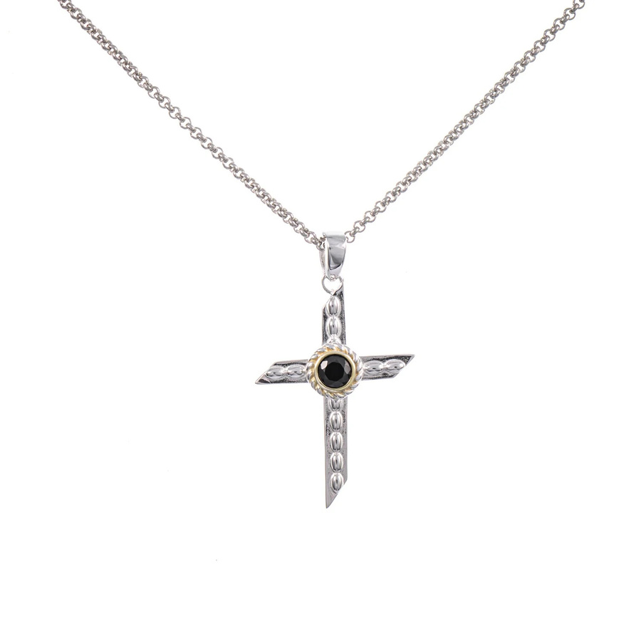 Anhänger Kreuz mit Kette, 925 Silber, teilvergoldet, Zirkonia schwarz - Bild 1