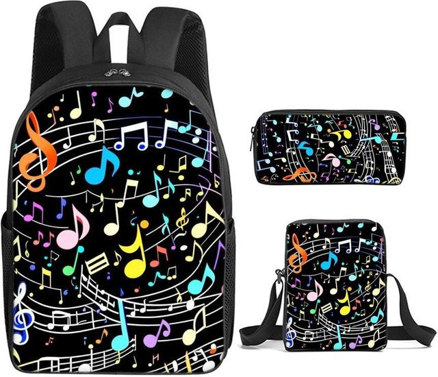 BAOERYE 3-teiliges Schulset mit Rucksack, Umhängetasche und Federmäppchen im Regenbogen-Musiknoten-Design, Schwarz/Mehrfarbig - Bild 1