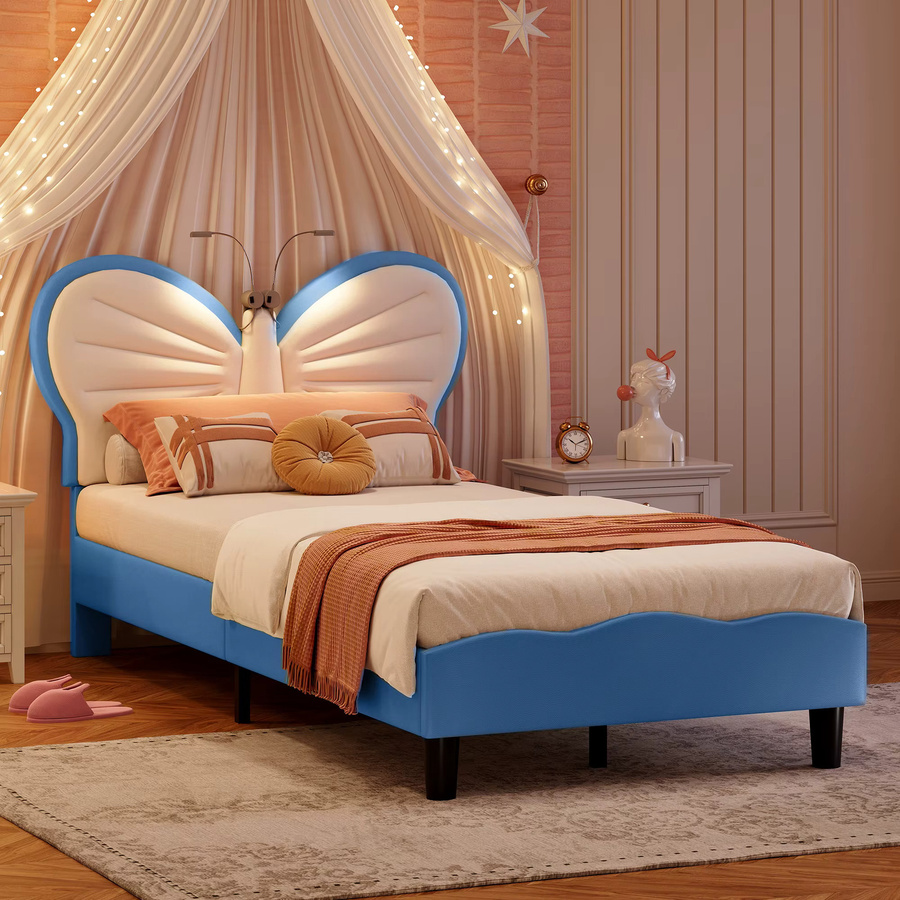 Polsterbett in Schmetterlingsform mit verstellbarem Kopfteil und integrierten Leselampen, Kinderbett mit Holzlattenrost, B/T: 90 x 200 cm, Farben: Rosa-Weiß oder Blau-Weiß - Bild 2