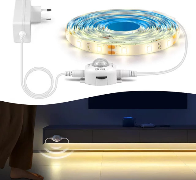 Guillermo LED-Unterbauleuchte mit PIR-Bewegungssensor, 12V wasserdichter LED-Streifen in Warmweiß, ideal für Küche, Kleiderschrank und Bett - Bild 1