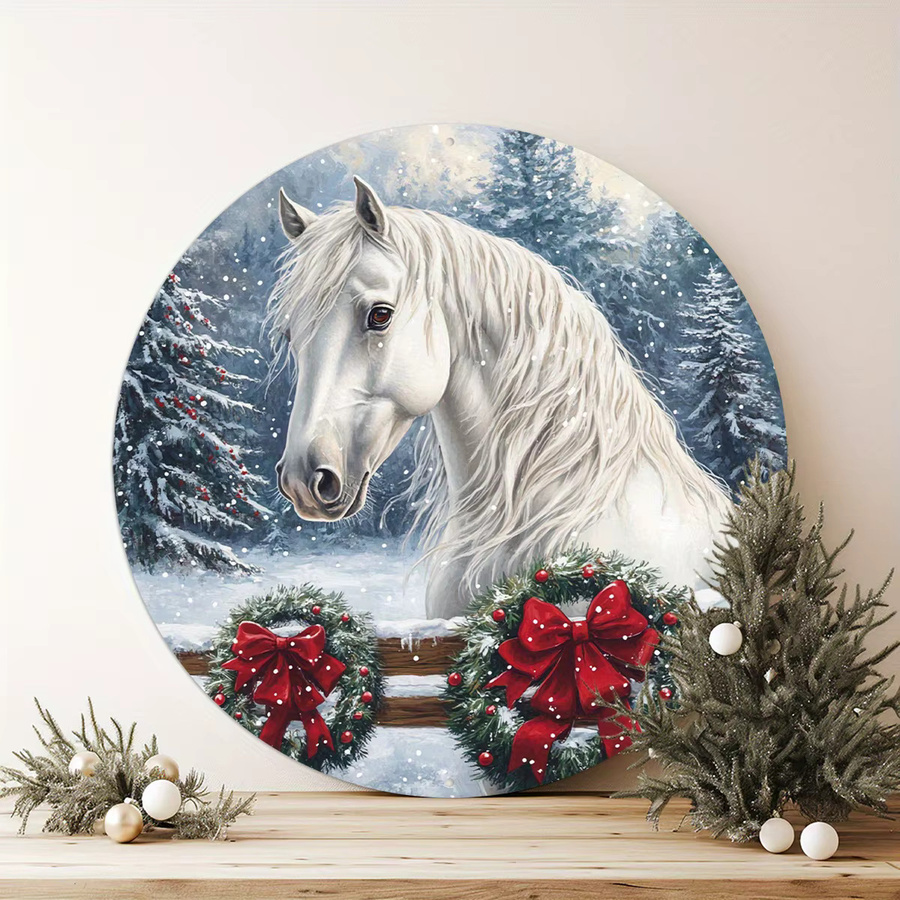 Potdemiel Rundes Aluminium-Wandkunstschild Vintage Weißes Pferd im Schnee mit Weihnachtskranz, Durchmesser: 20,3 cm - Bild 5