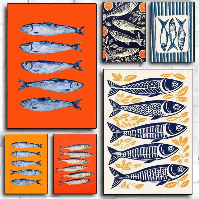 Potdemiel Leinwandposter mit maritimem Anime-Motiv von Sardinen, Hummern und Fischen in Mehrfarbig - Bild 1