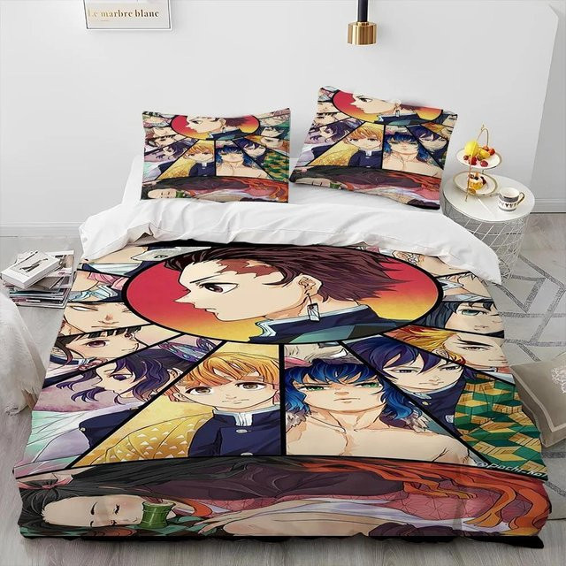 3-teiliges Demon Slayer Anime Bettwäscheset aus Mikrofaser, bedrucktes Bettwäscheset mit Bettbezug und Kissenbezügen, Mehrfarbig, B/H: 210 x 210 cm - Bild 1