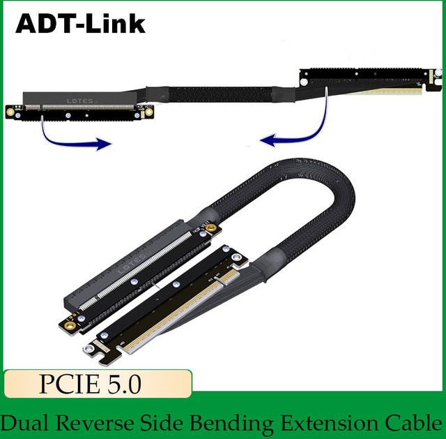 ADT-Link PCIe 5.0 x16 Dual Reverse Side Bending Grafikkarten-Verlängerungskabel in Schwarz für NVIDIA RTX50 und AMD RX79xx sowie Server und Chassis - Bild 1