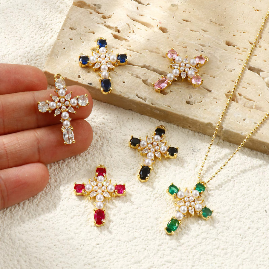 DoreenBeads Anhänger, Strass-Kreuz, Messing, Gold, Acryl, Perle, 27 mm x 19 mm - Bild 2
