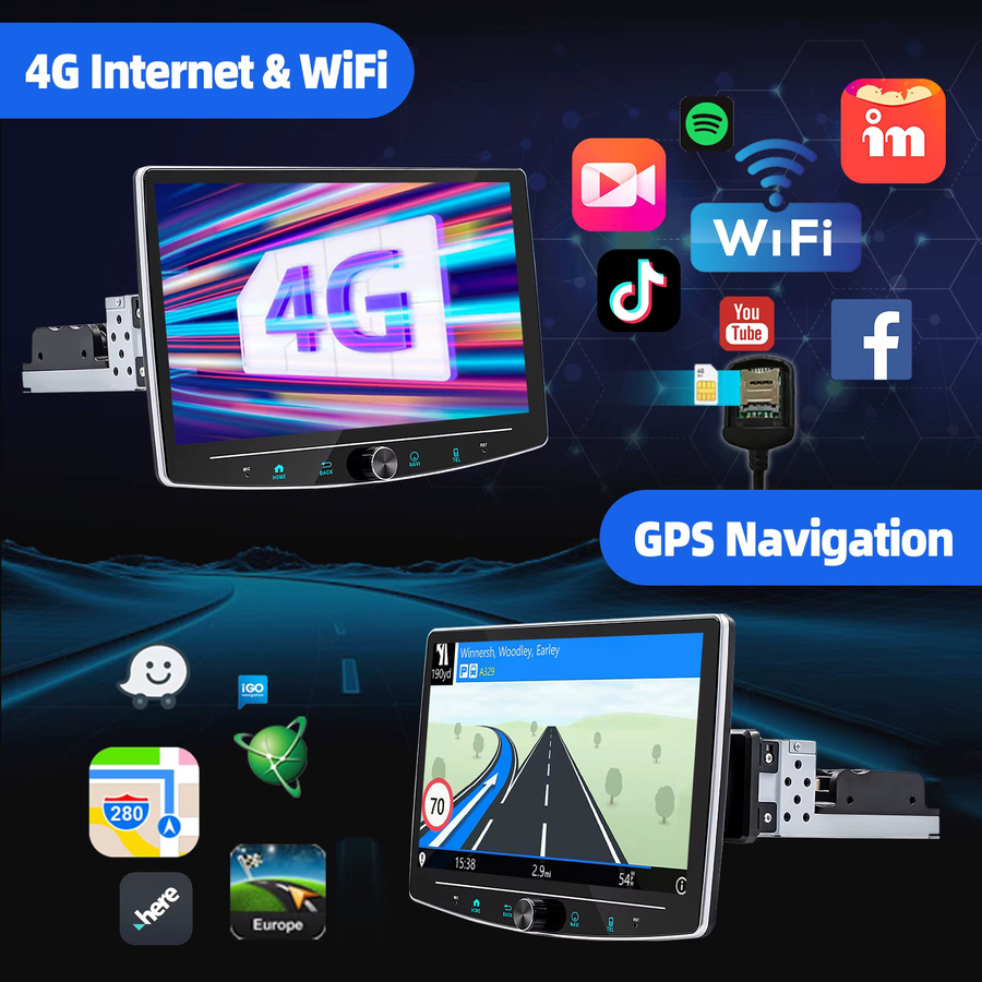 ESSGOO Android 14 Autoradio mit 10,1 Zoll drehbarem Display, 6GB RAM + 128GB Speicher, 1 DIN Stereo mit CarPlay, 4G LTE, GPS, WiFi und Knopfsteuerung in Schwarz - Bild 4
