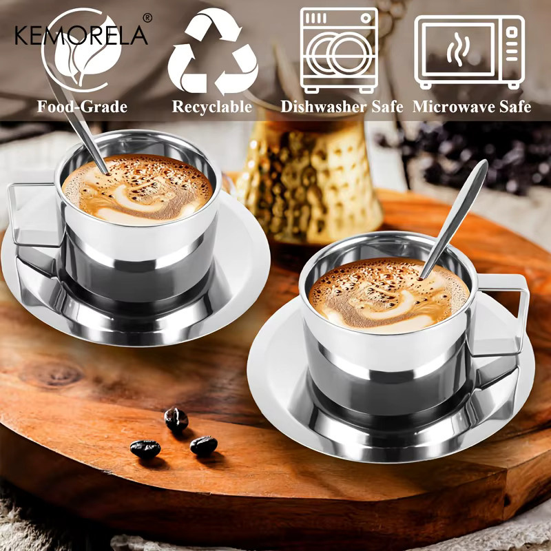 KEMORELA Espressotasse aus Edelstahl in Silber, doppelwandig mit Untertasse, 200 ml - Bild 2