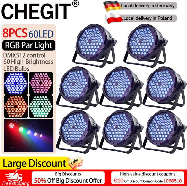 CHEGIT 8er-Pack RGB 3in1 Par-LED Bühnenbeleuchtung mit 60 LEDs, Mehrfarbig, Schwarz, DMX512-Steuerung und Sprachaktivierung für DJ, Party und Konzerte - Bild 1
