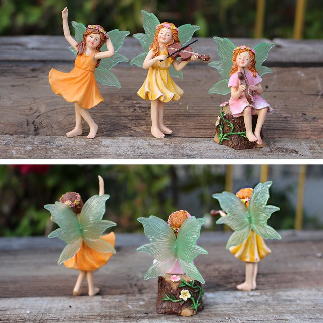 3er-Set Musik spielende Blumenfee Gartenfiguren aus Keramik und Harz in Multicolour zur Dekoration von Sukkulenten und Gartenlandschaften - Bild 1