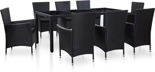 vidaXL 9-tlg Garten-Essgruppe aus Poly Rattan und pulverbeschichtetem Stahl in Schwarz mit Tisch aus gehärtetem Glas - Bild 1