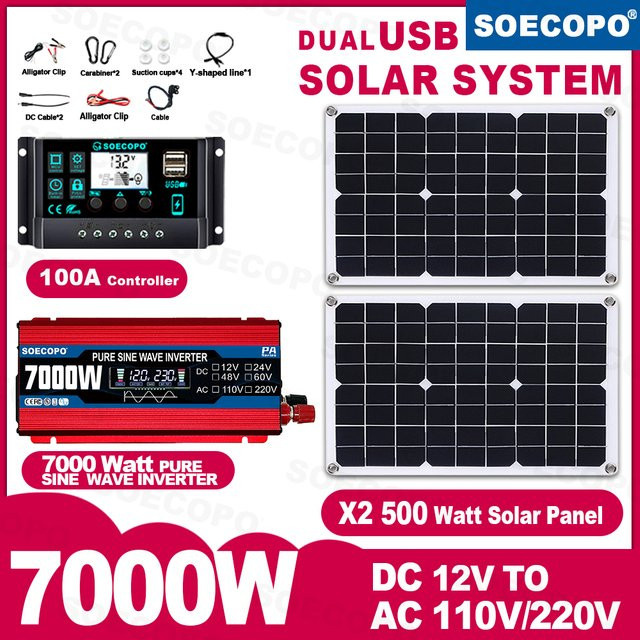 SOECOPO 7000 W Tragbares Solarsystem-Kit mit 12 V Reiner Sinus Wechselrichter, 2 x 500 W Photovoltaik-Panels und 100 A Laderegler für die netzunabhängige Stromversorgung - Bild 1