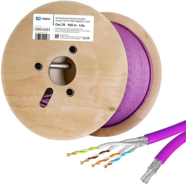 hb-digital CAT 7a Verlegekabel Duplex Installationskabel S/FTP AWG23 LSZH 1200 MHz Lila 100m - Bild 1