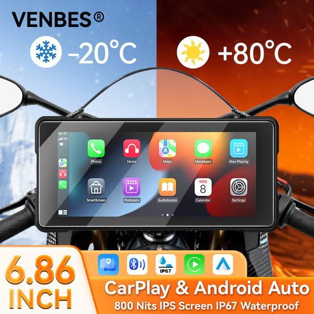 VENBES Motorrad Wireless CarPlay und Android Auto Navigationssystem mit 6,86 Zoll HD-Touchscreen, GPS, Bluetooth, WiFi und Dual Digitaler Videorekorder, Schwarz - Bild 1