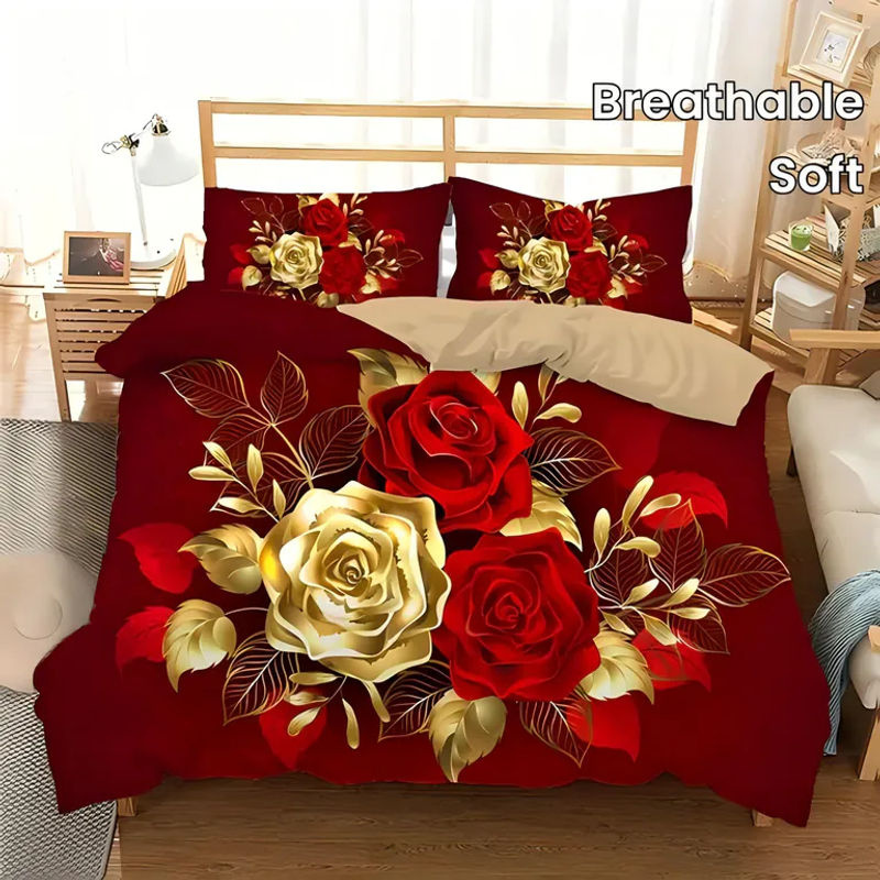 JMG Household Supplies Bettwäsche-Set mit floralem Rosenmuster in Gold, bestehend aus 1 Bettbezug und 2 Kissenbezügen, B/T/H: 135 x 200 cm - Bild 4