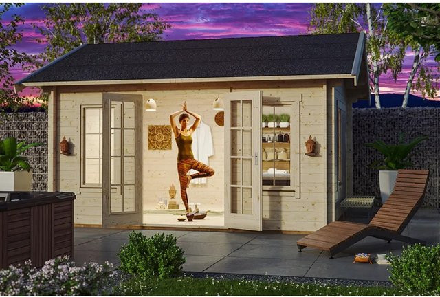 Skan Holz Gartenhaus Montreal 2 DL in Blockbohlenbauweise mit Satteldach, Farbe Natur/Braun, B/T: 420 x 380 cm - Bild 1