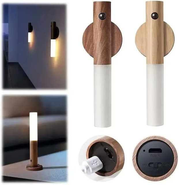 KDULIT LED Nachtlicht mit Bewegungssensor in Holzoptik, wiederaufladbare magnetische Wandleuchte für Küche und Schrank, Warmweiß, Braun - Bild 1