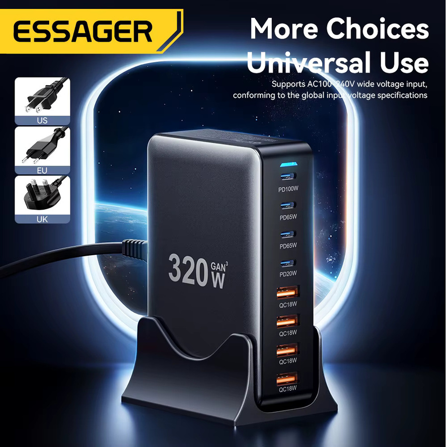 Essager 320W GaN Desktop Ladestation mit 8 USB Typ C Ports, PD 100W Schnellladegerät in Schwarz - Bild 3