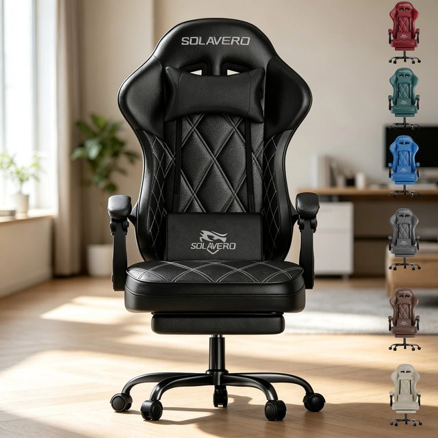 Ergonomischer Gaming-Stuhl FRODROVIA mit Massage-Lendenwirbelstütze und Liegefunktion, atmungsaktives PU-Leder, schwarz-weiß, mit verstellbaren Armlehnen und Kopfstütze - Bild 1