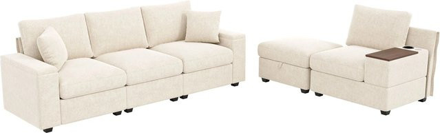 Merax Ecksofa L-Form in Beige mit USB-Anschluss, Stauraum und passendem Ottoman - Bild 1