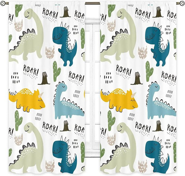 2er-Set Yiran Furniture Vorhänge mit niedlichem Dinosaurier-Motiv aus Polyester, halbtransparent, Mehrfarbig, B: 88 cm, H: 220 cm - Bild 1