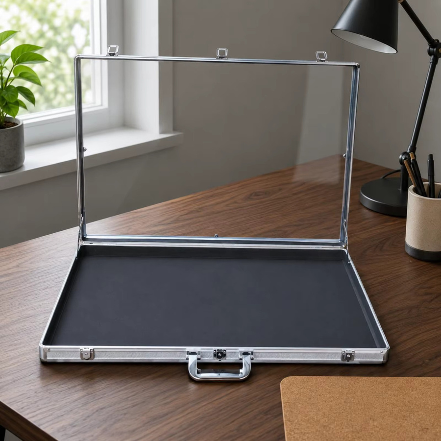 Tragbare Kartenpräsentationsbox aus Aluminium in Silber mit transparentem Acryl-Display und Schloss zur Schmuckaufbewahrung - Bild 2