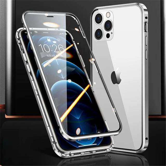 Razzle 360 Magnetische Metallhülle für iPhone 16 15 14 13 12 11 Pro Max Plus mit doppelseitigem gehärtetem Glas in Transparent - Bild 1