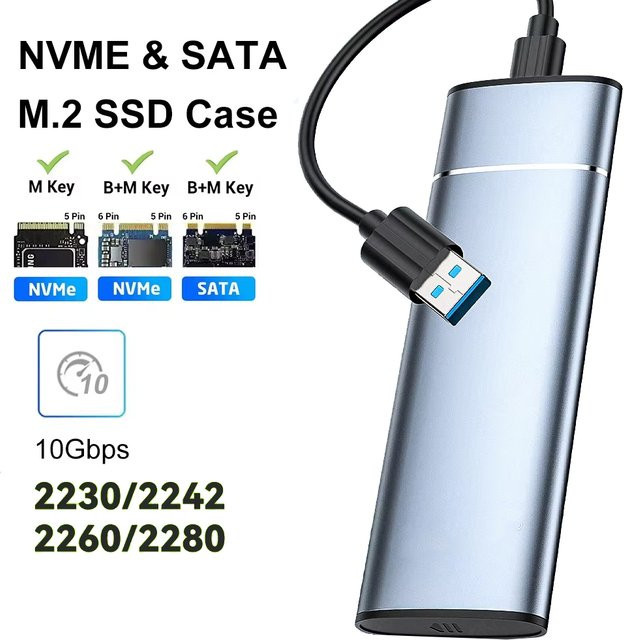 Kebidu M.2 SATA NVMe SSD Gehäuse mit 10 Gbit/s, Externer USB-C Typ C Festplattenadapter für M.2 2230 2242 2260 2280 SSDs - Bild 1