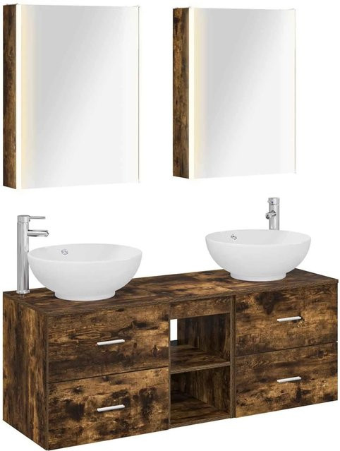 vidaXL Badezimmermöbel-Set 5-teilig aus Eiche in Braun mit LED-Beleuchtung und Spiegelschrank - Bild 1