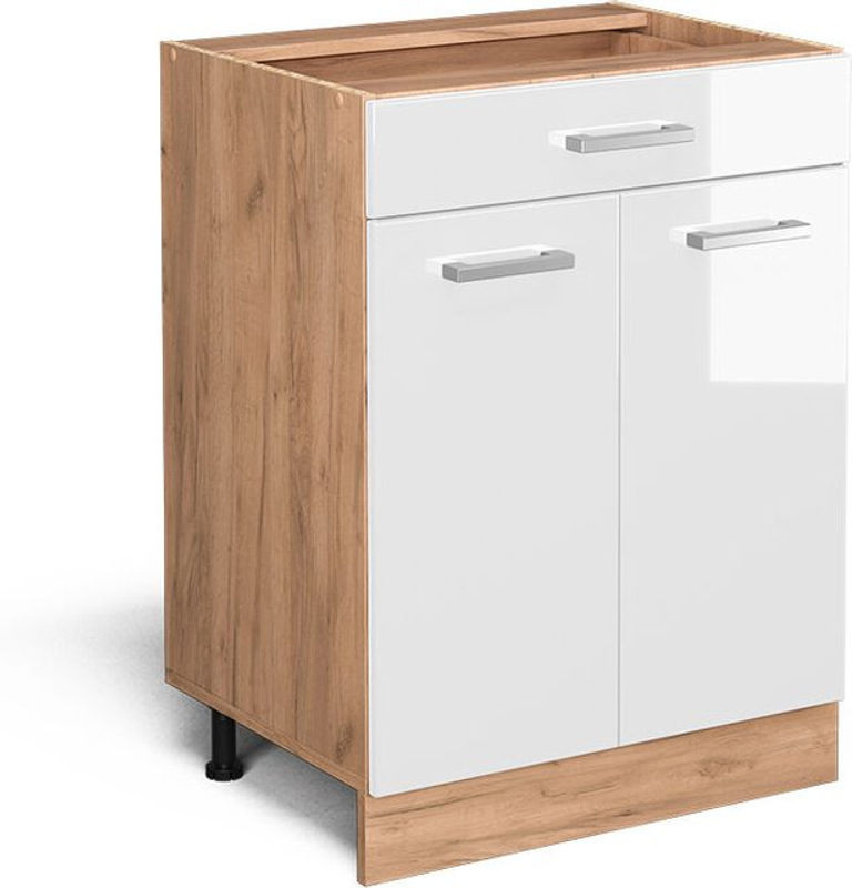 Vicco Küchenunterschrank R-line in Weiß Hochglanz mit Schublade und Drehtüren, Breite: 60 cm, Höhe: 81,6 cm, Tiefe: 46 cm - Bild 1