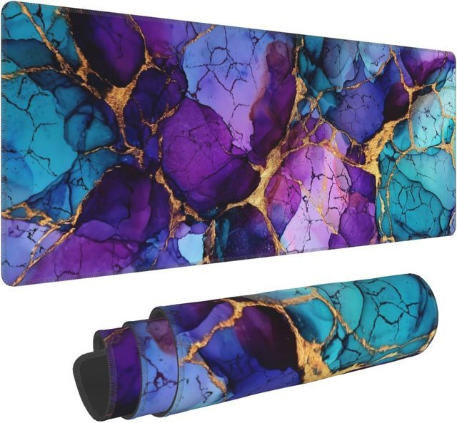 Großes Gaming-Mauspad mit Marmor-Design in Multicolour, XL Schreibtischunterlage mit genähten Kanten für Gamer und das Heimbüro - Bild 1