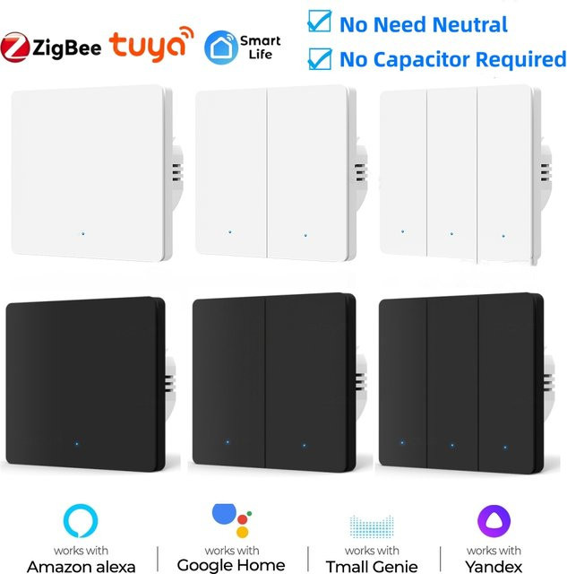 Tuya Zigbee Smart Licht Schalter mit Push Button in Weiß, ohne Neutralleiter, kompatibel mit Alexa und Google Assistant - Bild 1