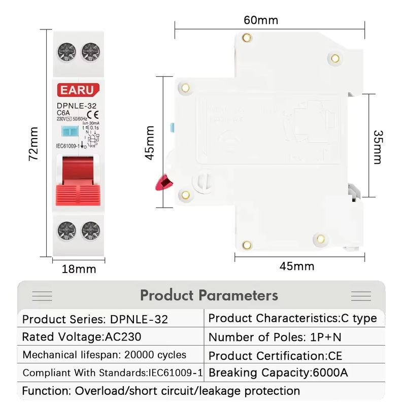 EARU RCBO Fehlerstrom-Differenzschutzschalter 1P+N AC 230V 50/60Hz 6kA mit Überstrom- und Leckageschutz in Weiß - Bild 2