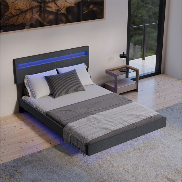 Juskys Schwebebett Lissabon in Dunkelgrau mit integrierter LED-Unterbettbeleuchtung, B/T: 140 x 200 cm - Bild 1
