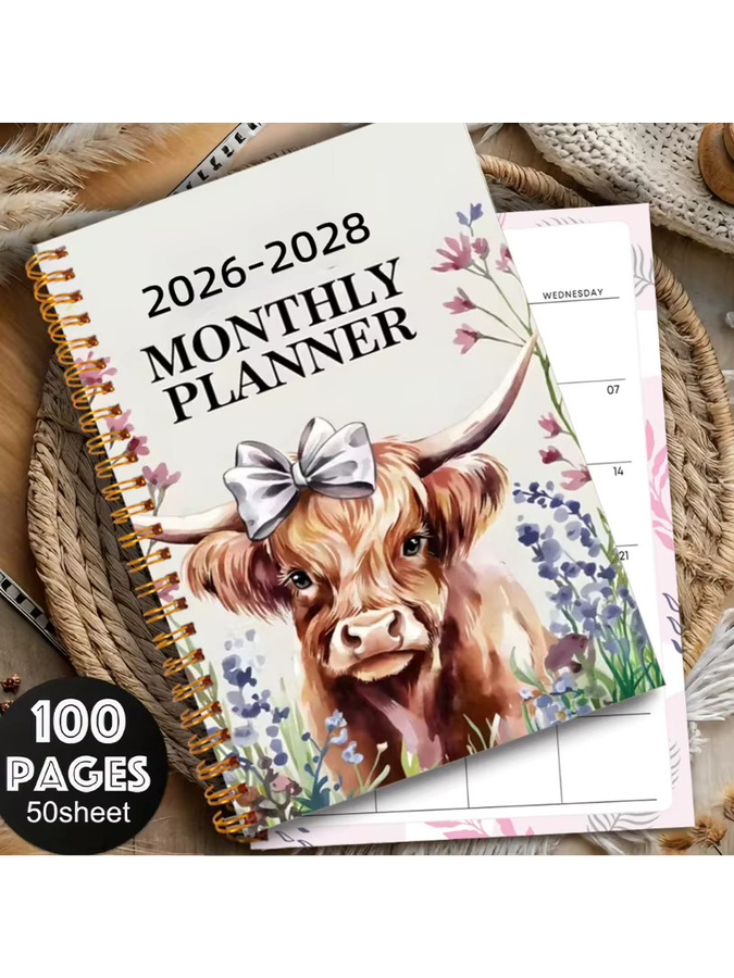 Planer-Notizbuch 2026–2028 mit Blumen-Hochlandkuh-Motiv, spiralgebunden, wöchentliches und monatliches Layout, Softcover, Mehrfarbig - Bild 5