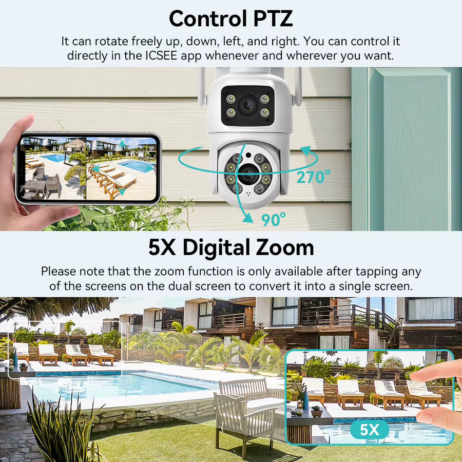 HAMROLTE 8MP 4K PTZ Sicherheitskamera mit Doppellinse, WLAN Outdoor-Überwachungskamera mit KI-Menschenerkennung, Auto-Tracking, Dual-Screen und Farbnachtsicht in Weiß - Bild 2