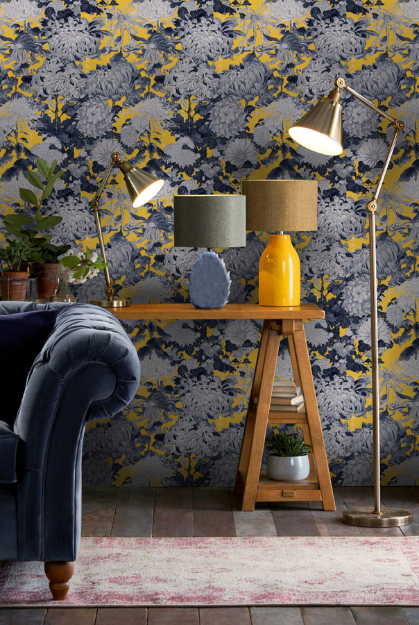 MINDTHEGAP Tapete Chrysanthemums in Gelb und Multicolour mit floralem Botanik-Design - Bild 1