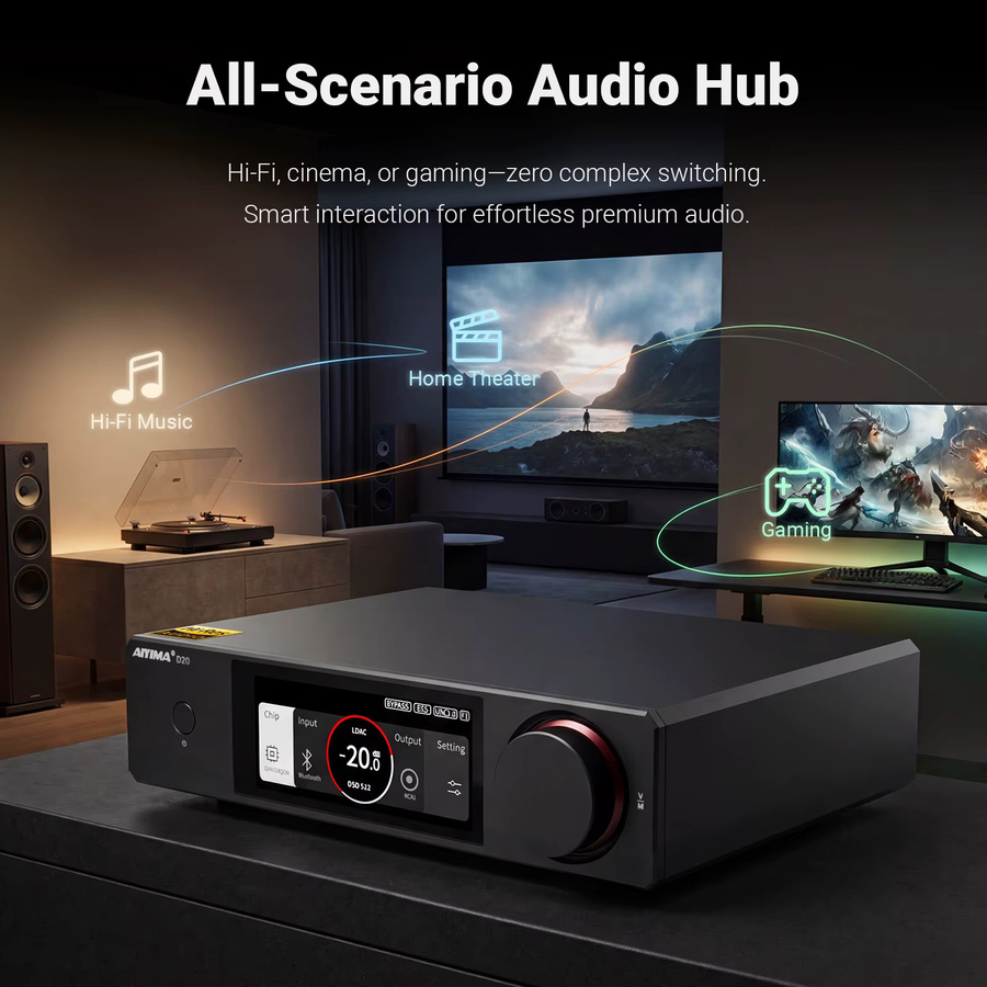 AIYIMA D20 HiFi DAC Decoder mit AK4493SEQ und ES9039Q2M, Bluetooth 5.1 LDAC, USB DSD512, RCA und XLR Audio-Konverter mit VU-Meter, Schwarz - Bild 3